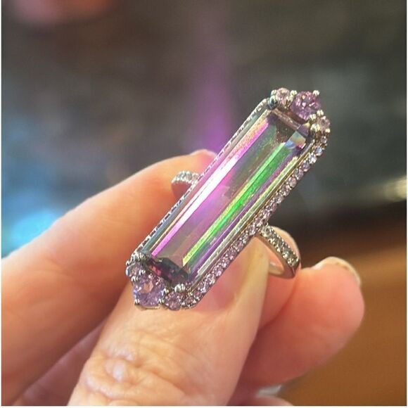 COLORSHIFT RING AMETHYST, QUARTZ & TOPAZ 10+ CARATS RHODIUM OVER SS SIZE 7 NEW - Picture 1 of 14